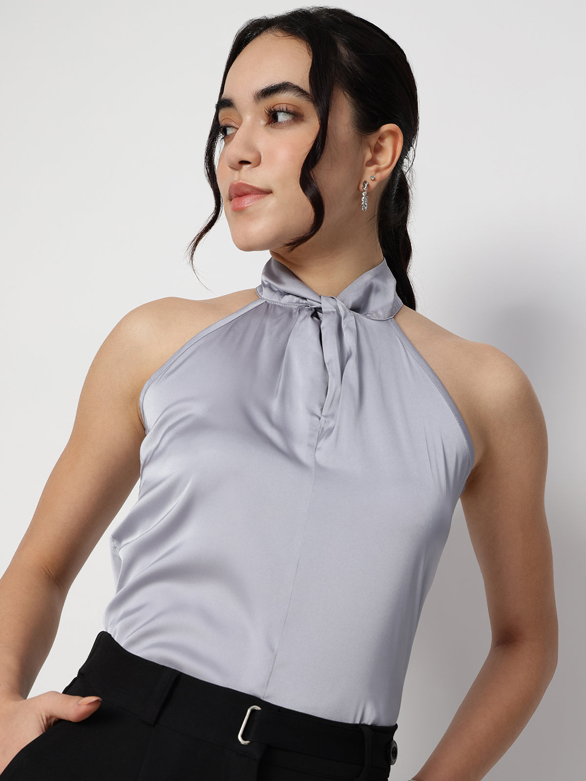 Grey Satin Halter Neck Sleeveless Top
