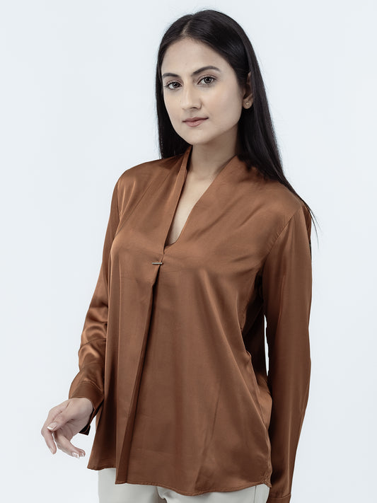 Brown Satin V-Neck Long Sleeves Top