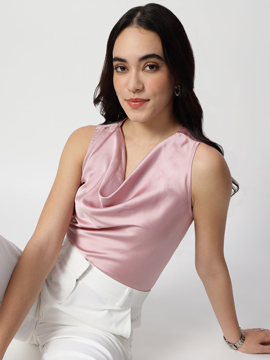 Pink Satin Cowl Neck Sleeveless Top