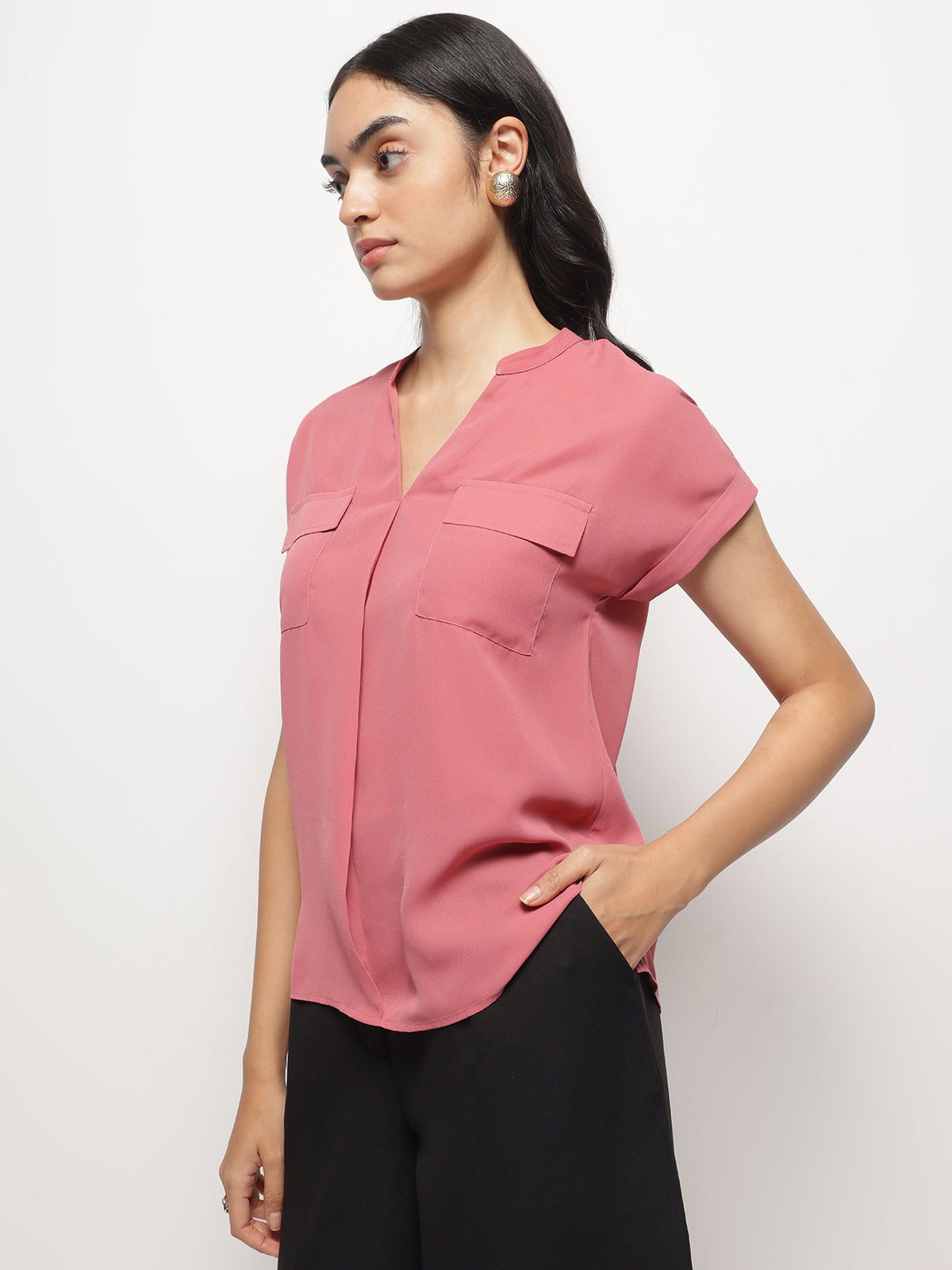Mandarin Collar V-Neck Dolman Sleeves Top