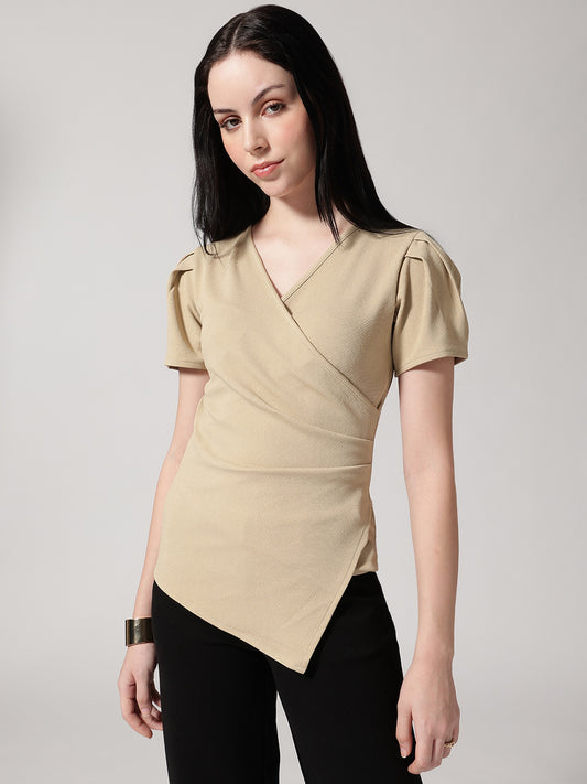 Beige Solid Asymmetric Wrap-Style Top