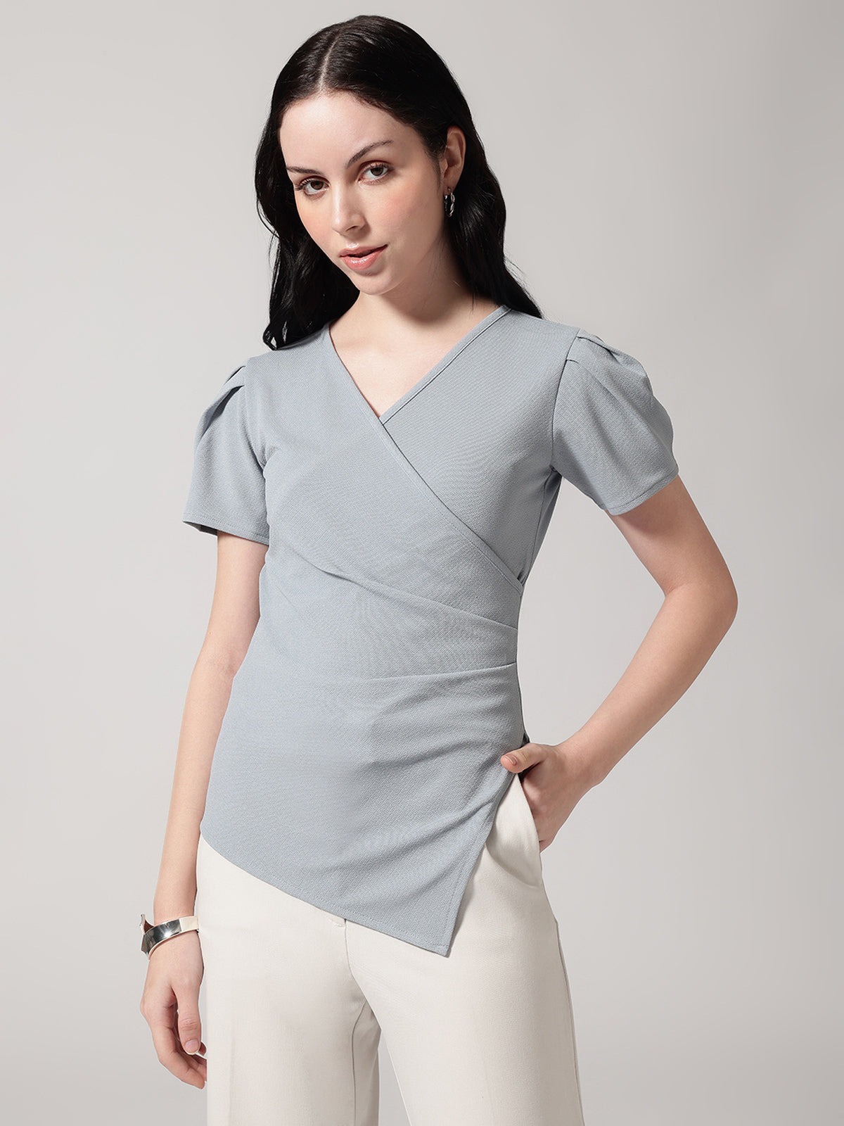 Grey Solid Asymmetric Wrap-Style Top