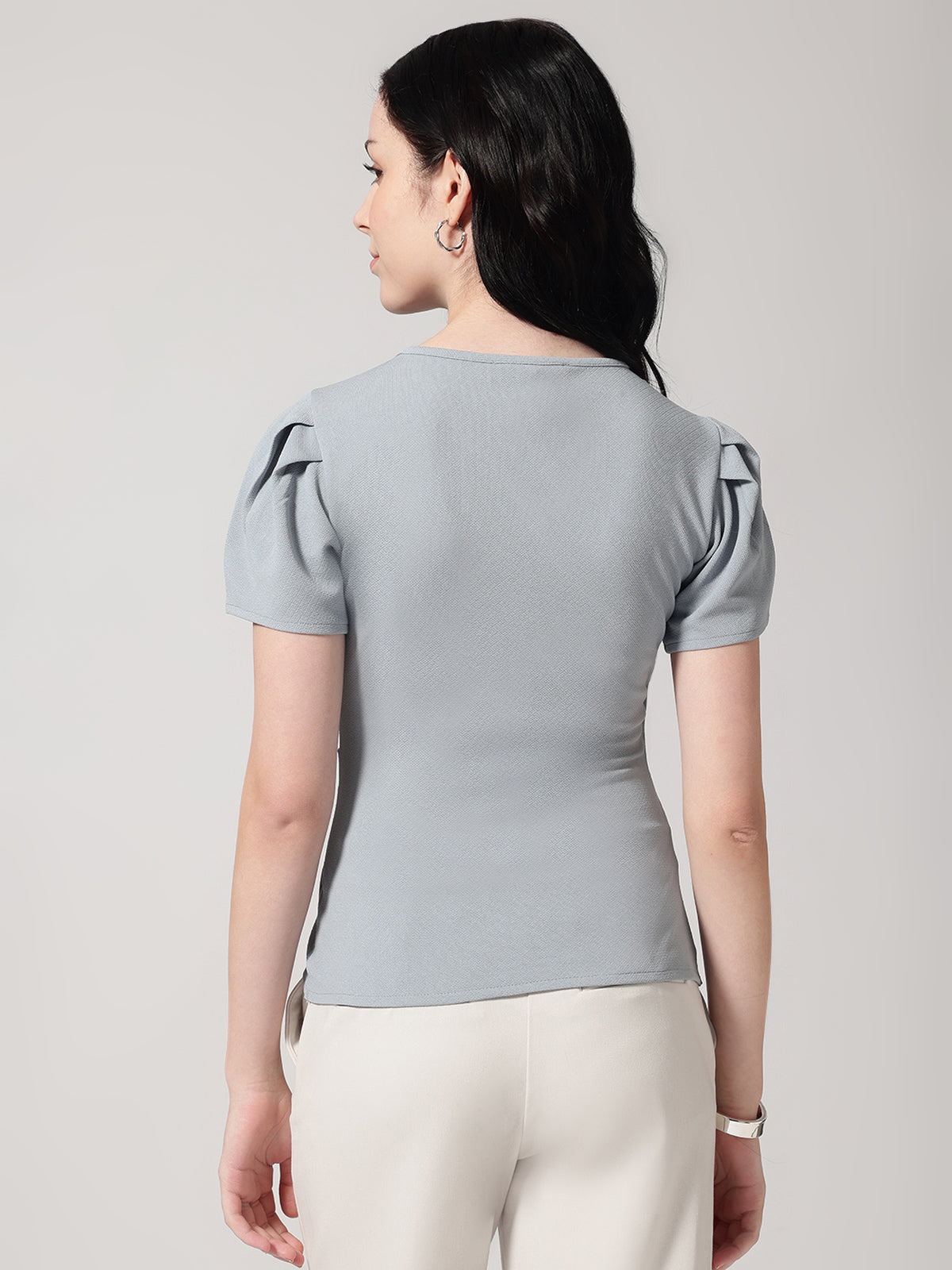 Grey Solid Asymmetric Wrap-Style Top
