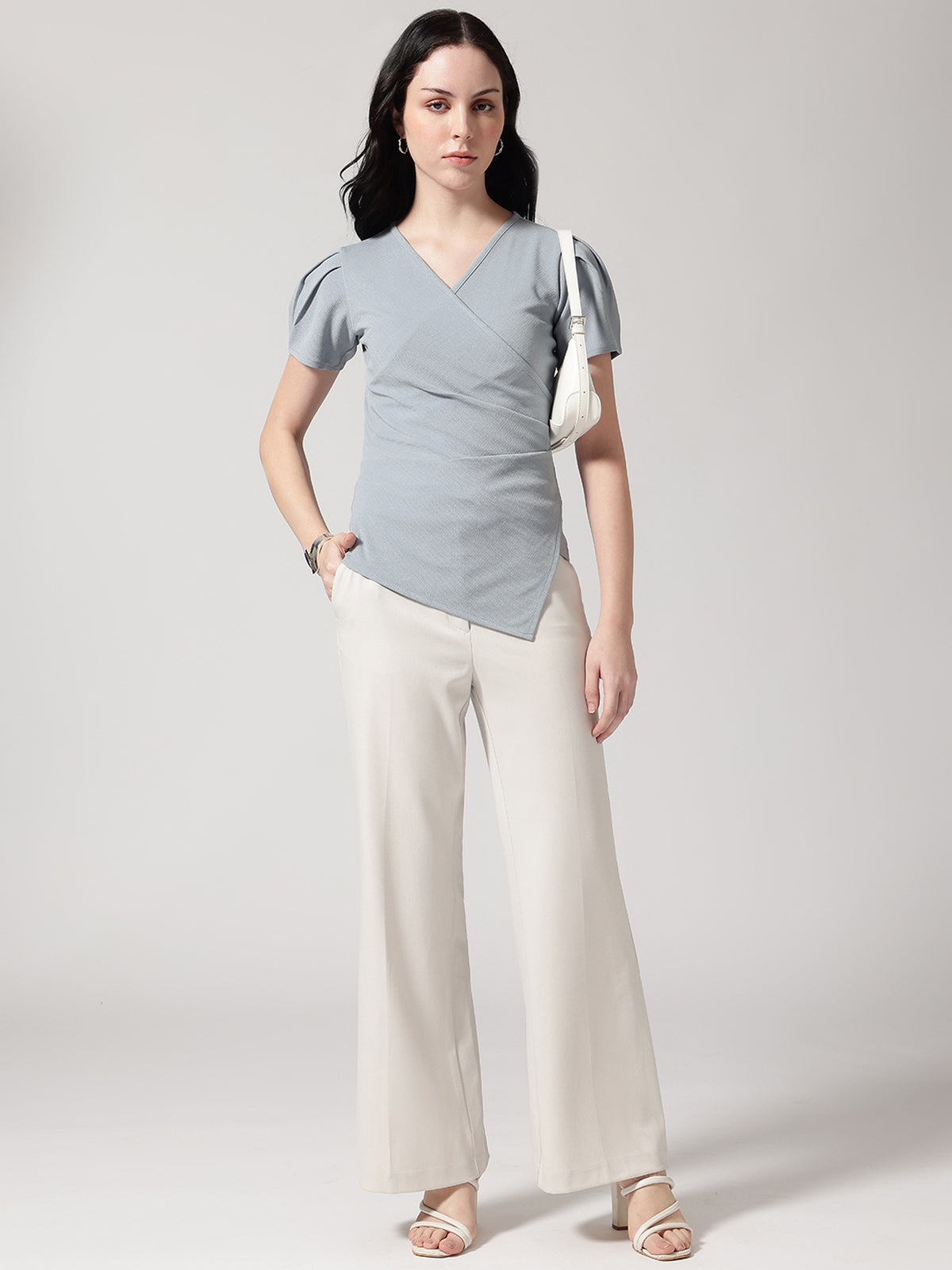 Grey Solid Asymmetric Wrap-Style Top