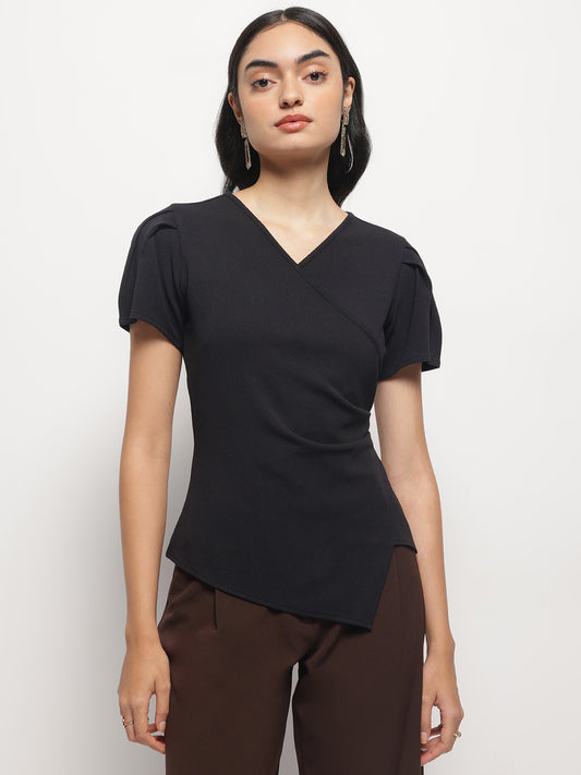 Waist Pleated and Asymmetrical Hem Fitted Shirt Sleeves Top