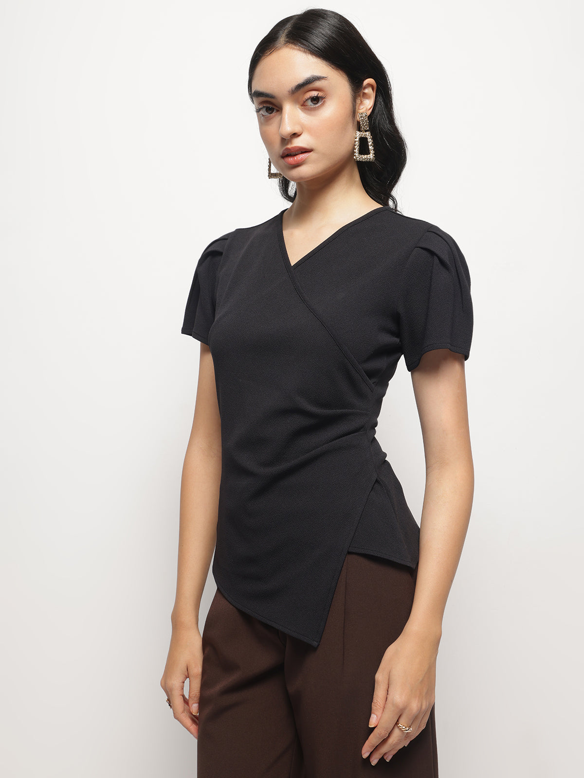 Waist Pleated and Asymmetrical Hem Fitted Shirt Sleeves Top