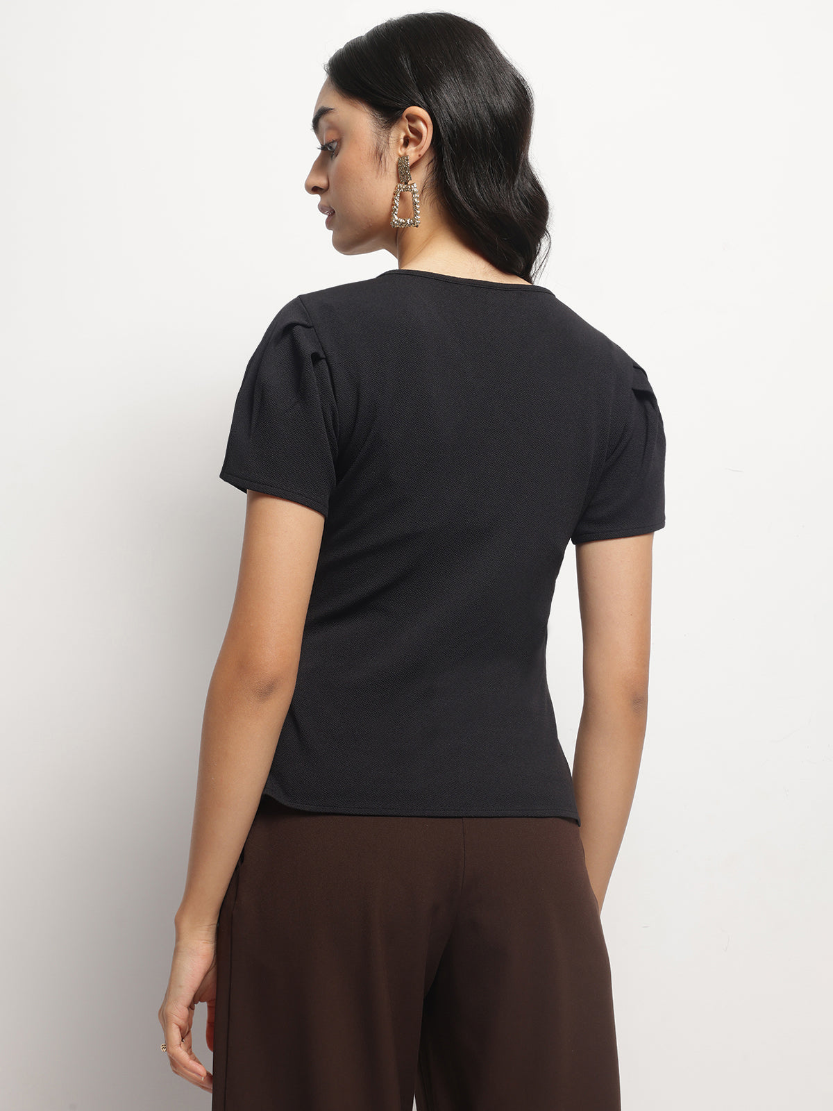 Waist Pleated and Asymmetrical Hem Fitted Shirt Sleeves Top