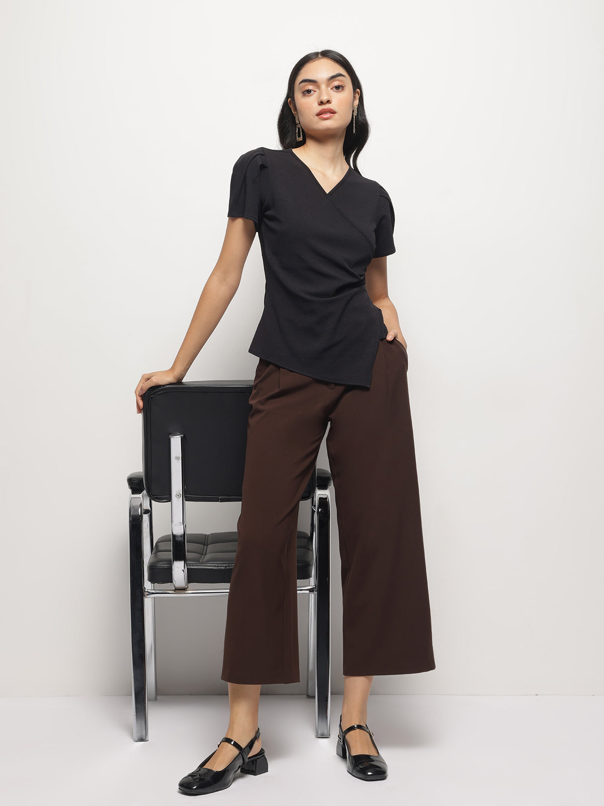 Waist Pleated and Asymmetrical Hem Fitted Shirt Sleeves Top