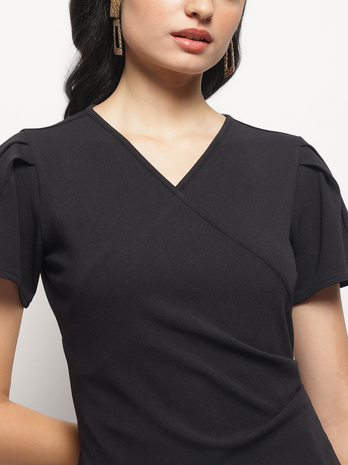 Waist Pleated and Asymmetrical Hem Fitted Shirt Sleeves Top