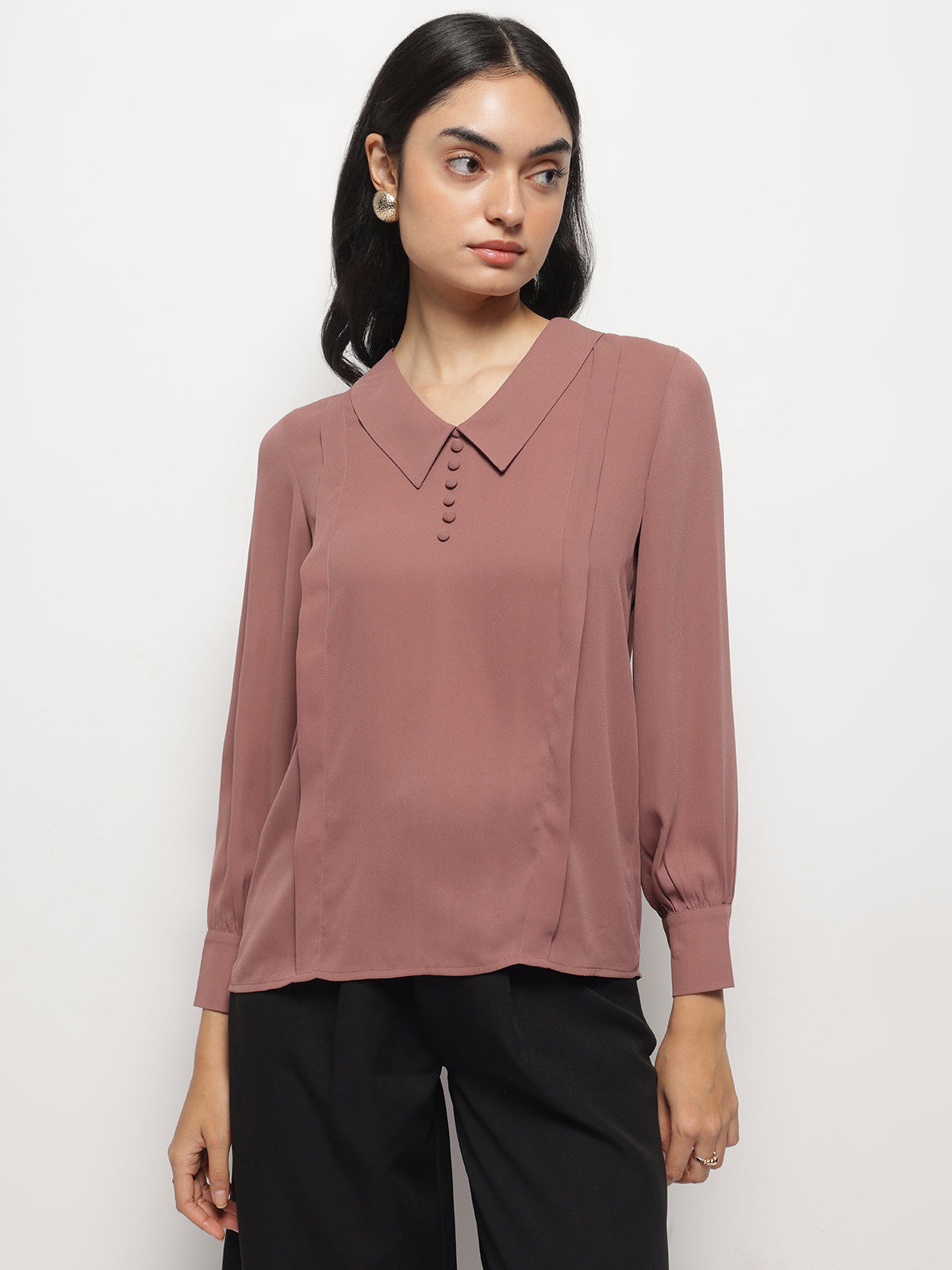 Grape Shake Long Collar Pintuck Full Sleeves Top
