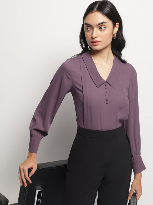 Gold Lavender Long Collar Pintuck Full Sleeves Top