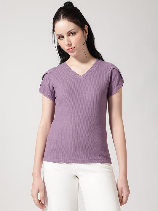Textured Lavender Round Neck T-shirt