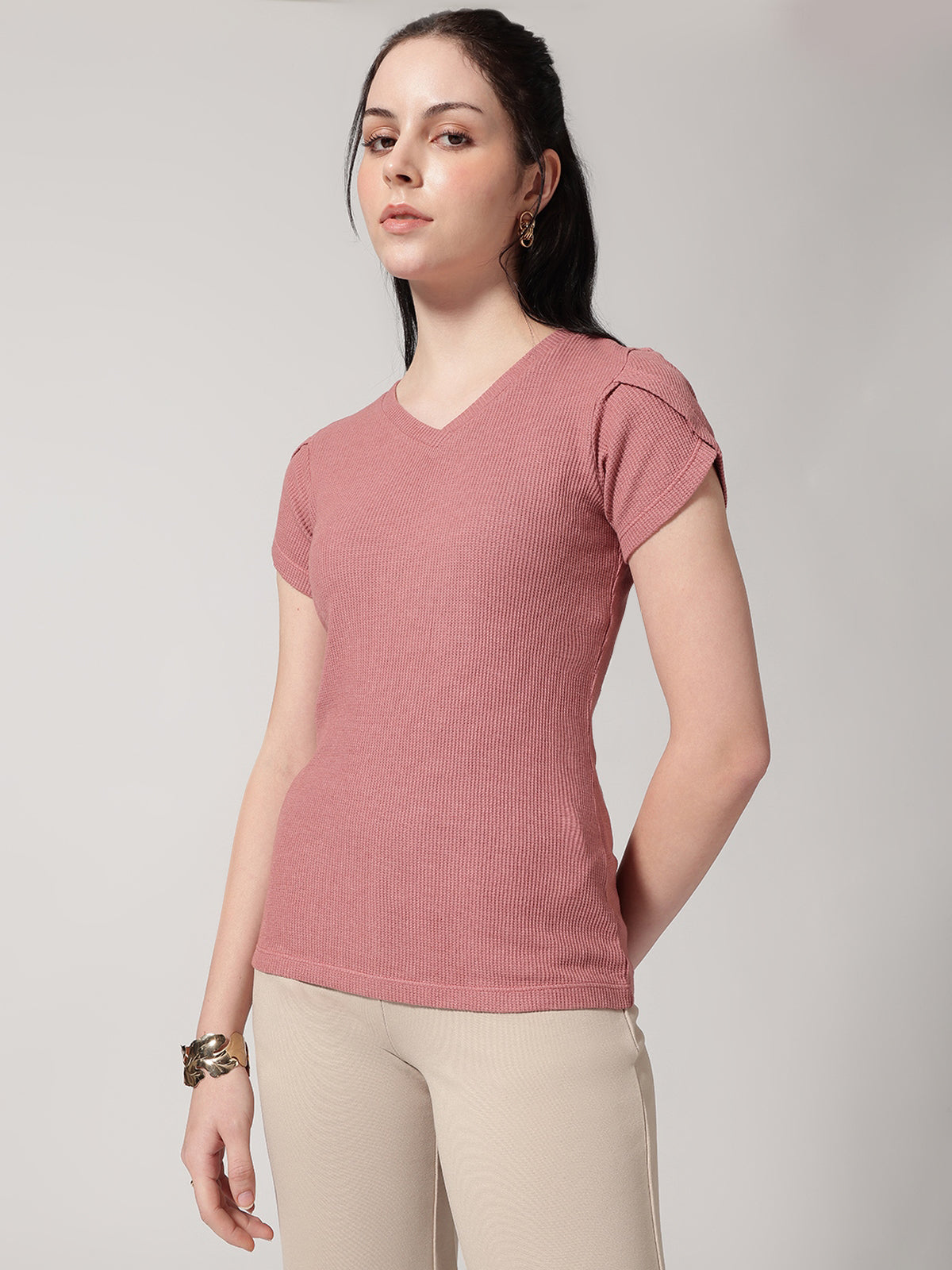 Textured Dusty Rose Round Neck T-shirt
