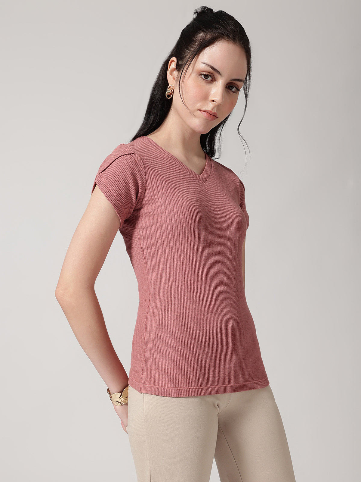 Textured Dusty Rose Round Neck T-shirt