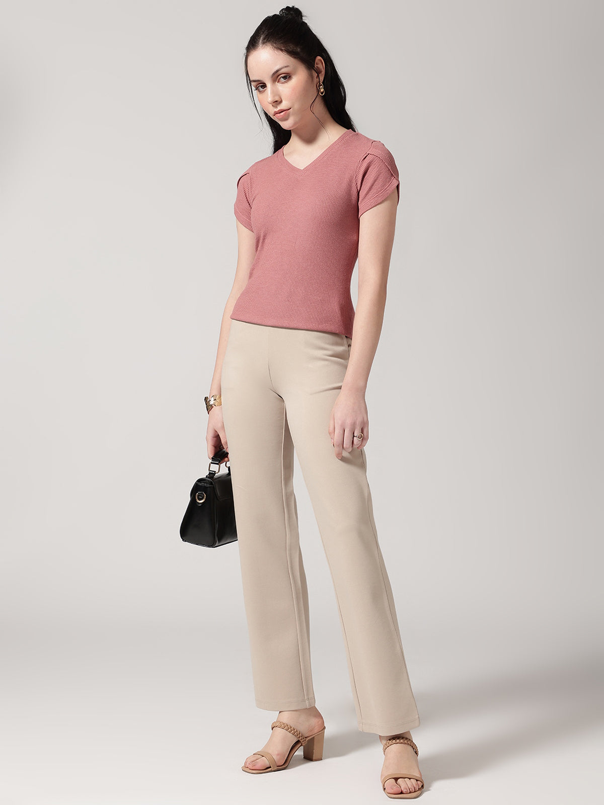 Textured Dusty Rose Round Neck T-shirt