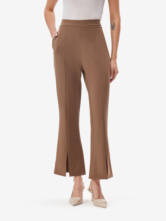 Khaki Flared Trousers with Front Slit