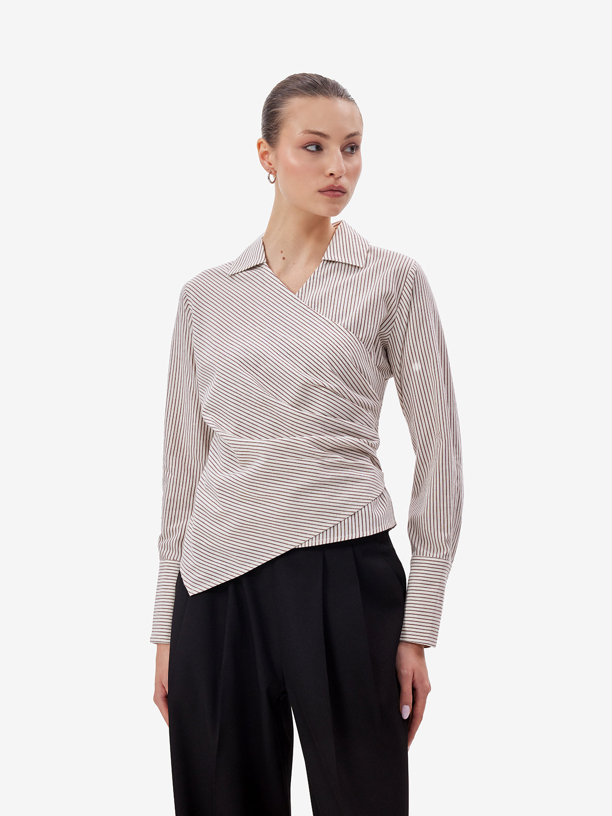 White Brown Striped Wrap Shirt