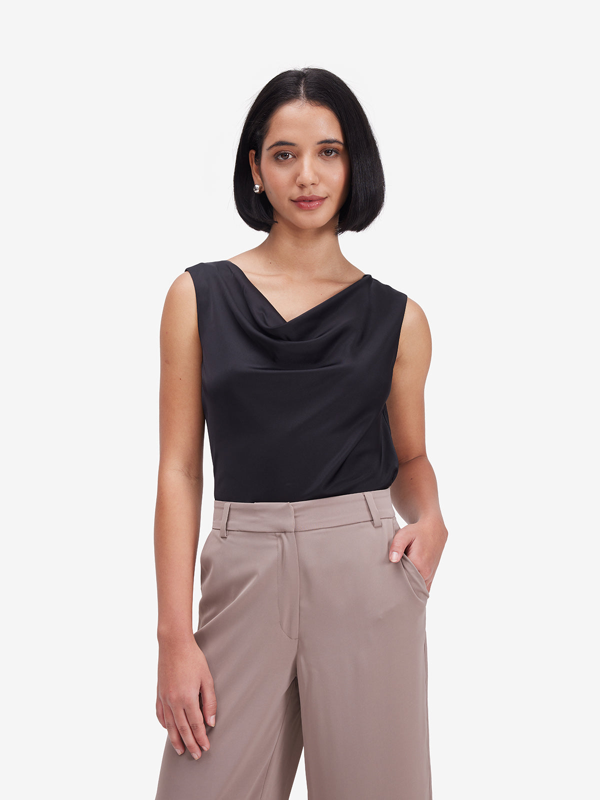 Lustrous Black Cowl Neck Satin Top