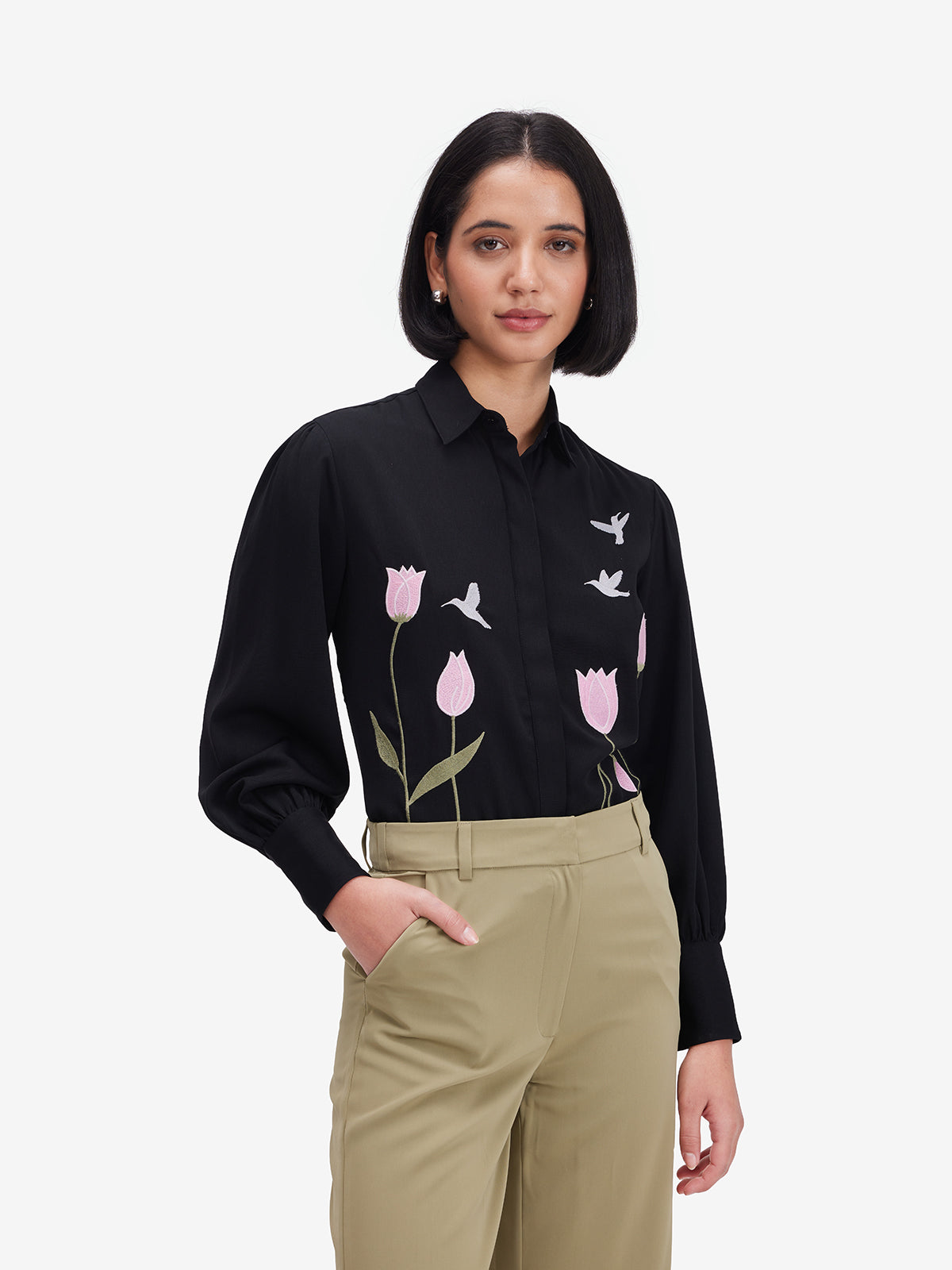 Luxe Black Floral Embroidered Shirt