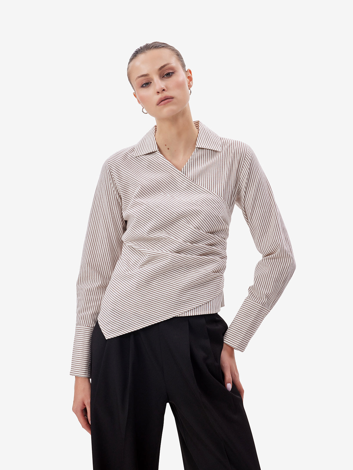 White Brown Striped Wrap Shirt