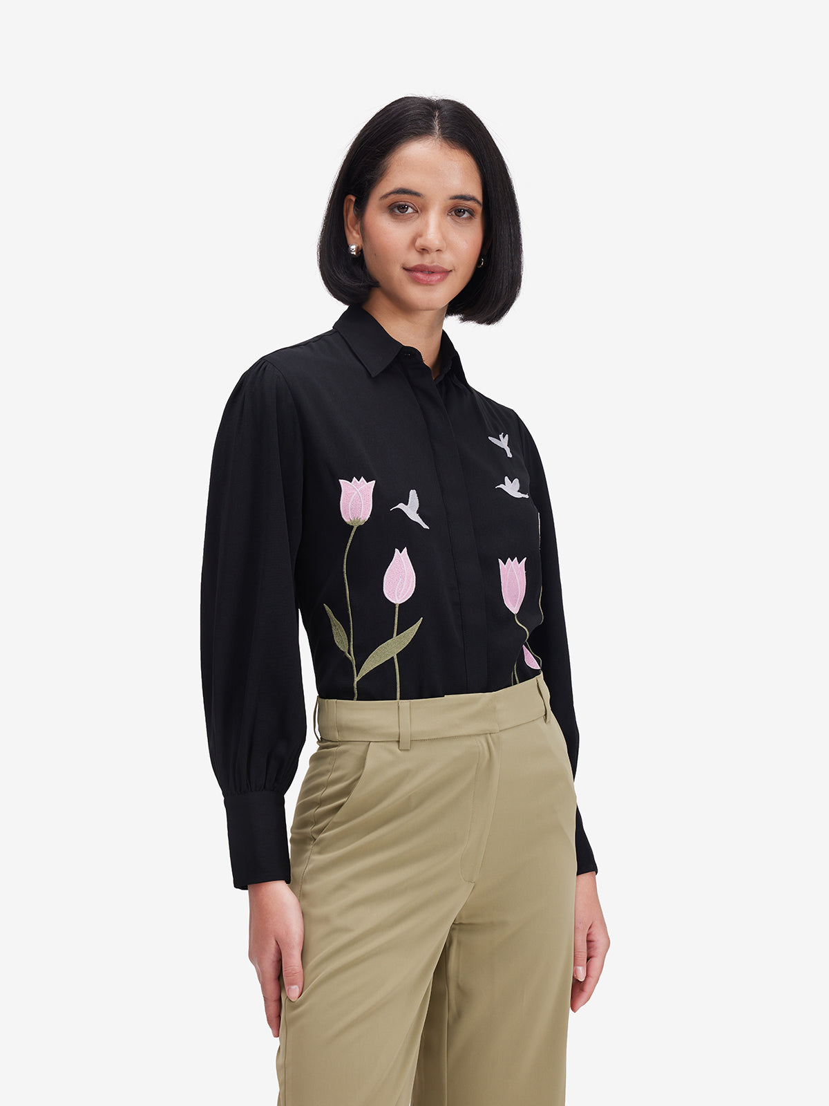 Luxe Black Floral Embroidered Shirt