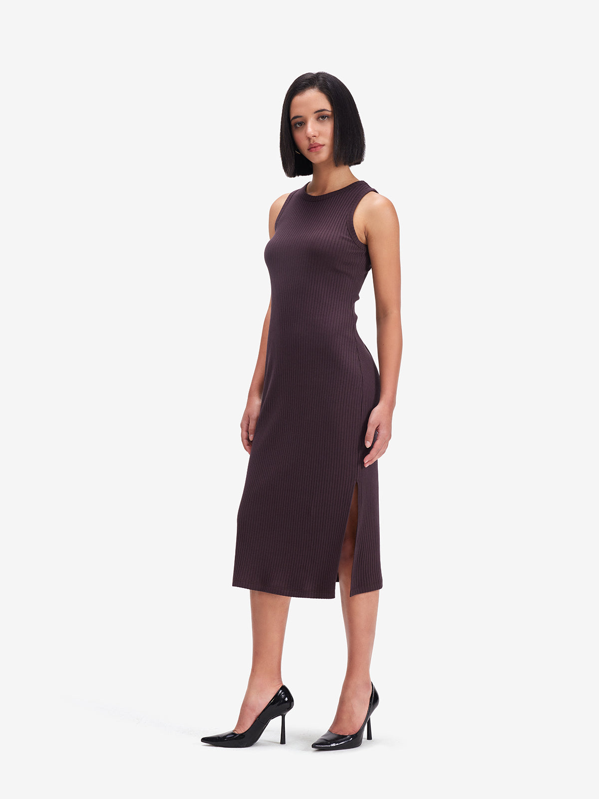 Brown Side Slit Midi Dress