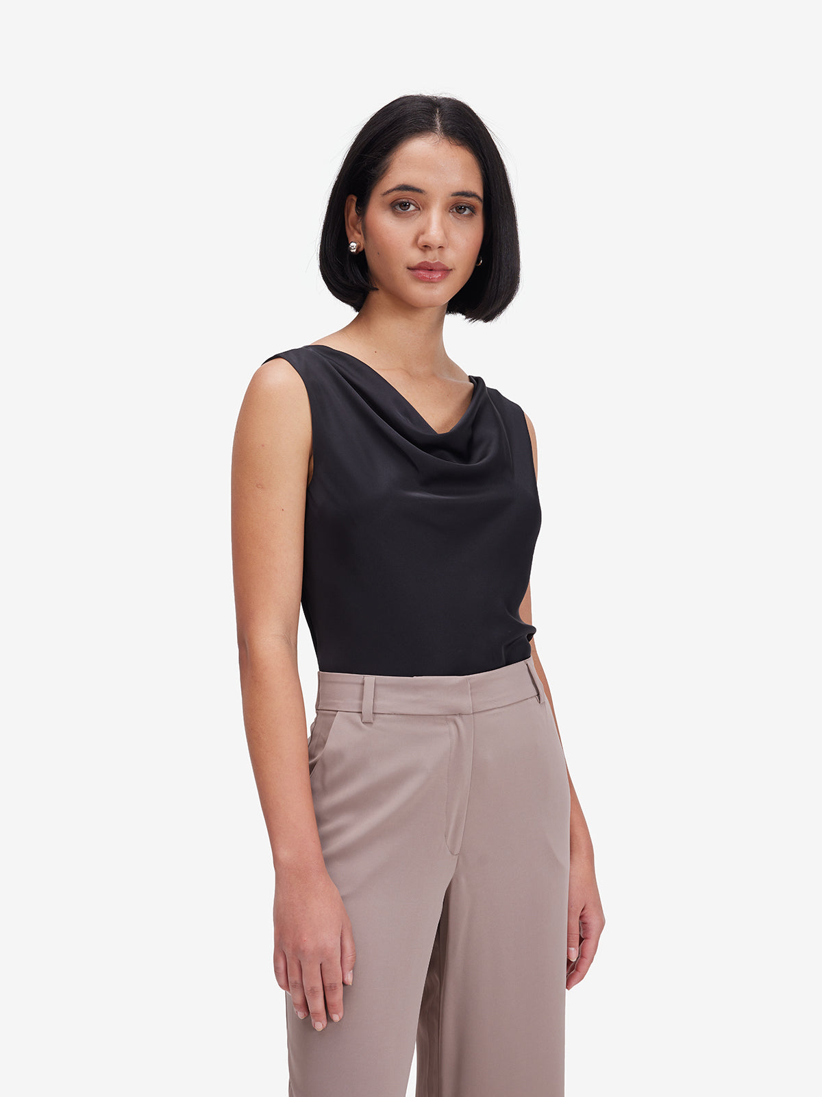 Lustrous Black Cowl Neck Satin Top