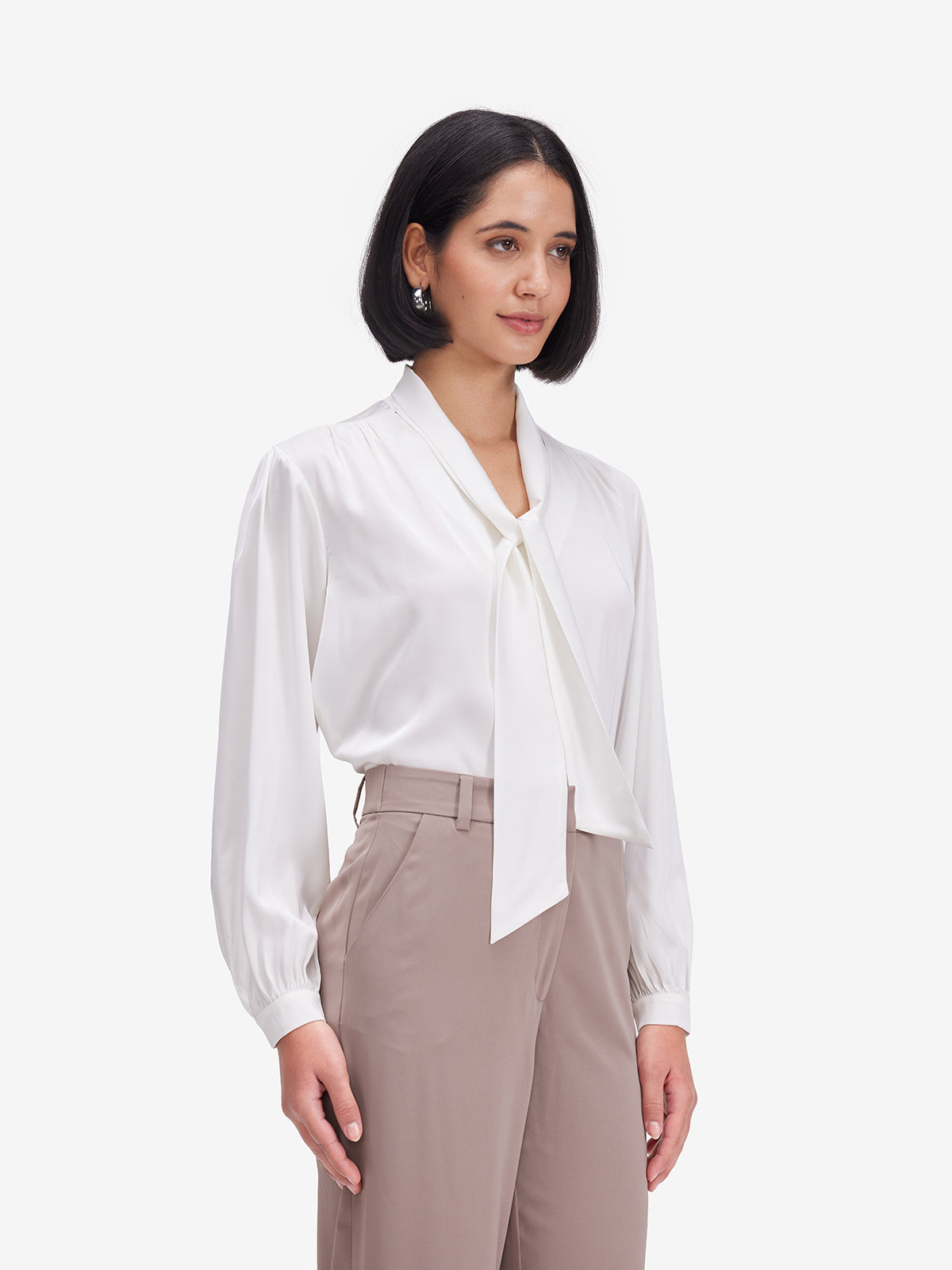 Luxe White Tie-Up Neck Satin Top