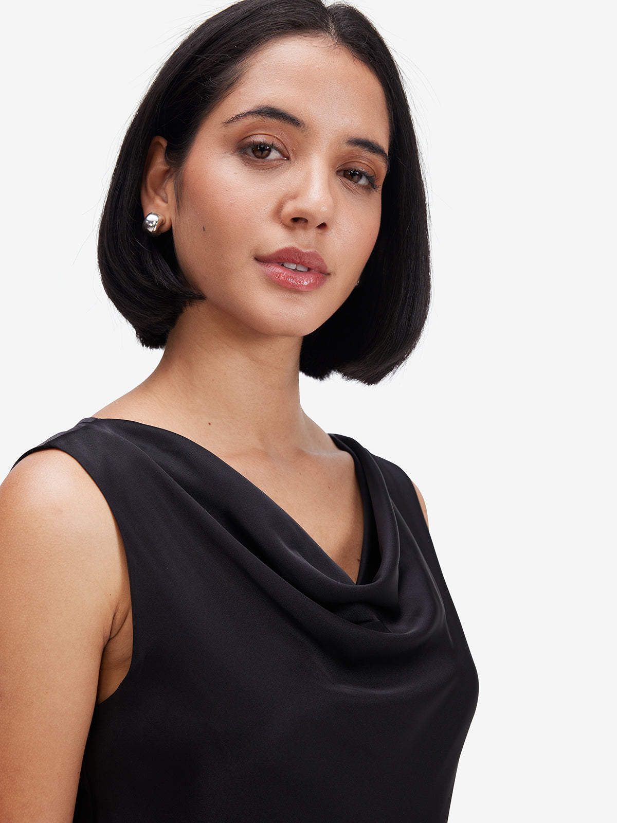 Lustrous Black Cowl Neck Satin Top