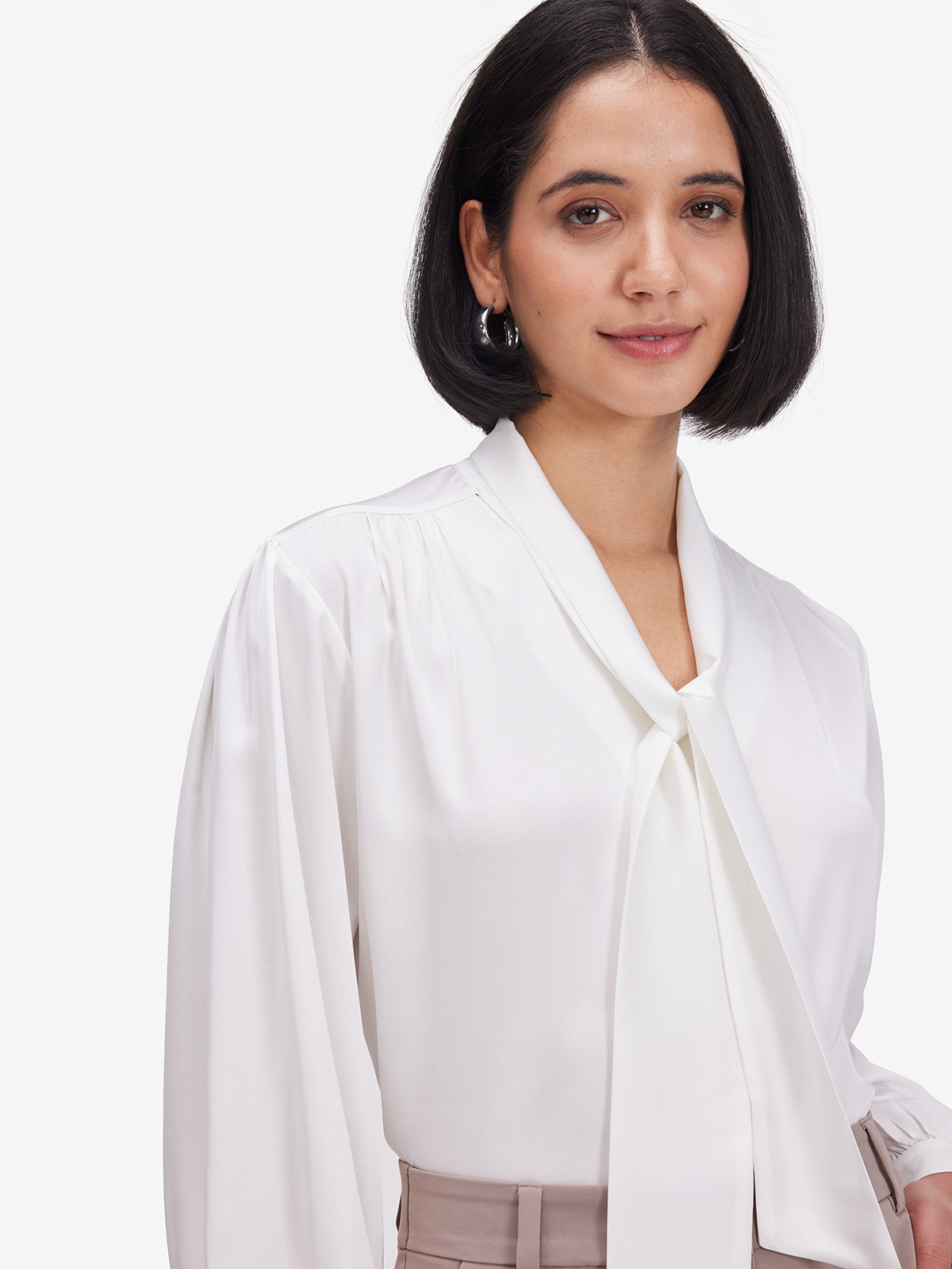 Luxe White Tie-Up Neck Satin Top