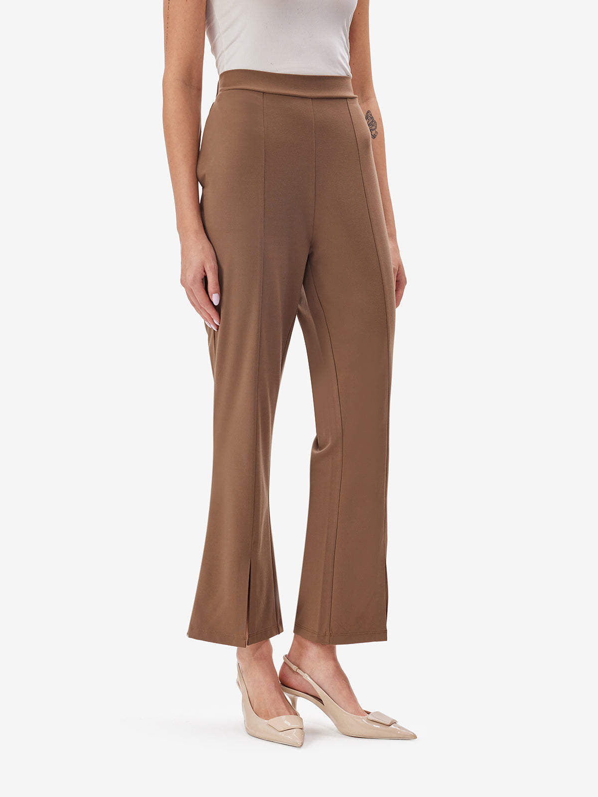 Khaki Flared Trousers with Front Slit