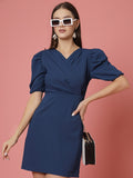 Blue V-Neck Wrap Dress