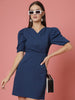 Blue V Neck Wrap Dress