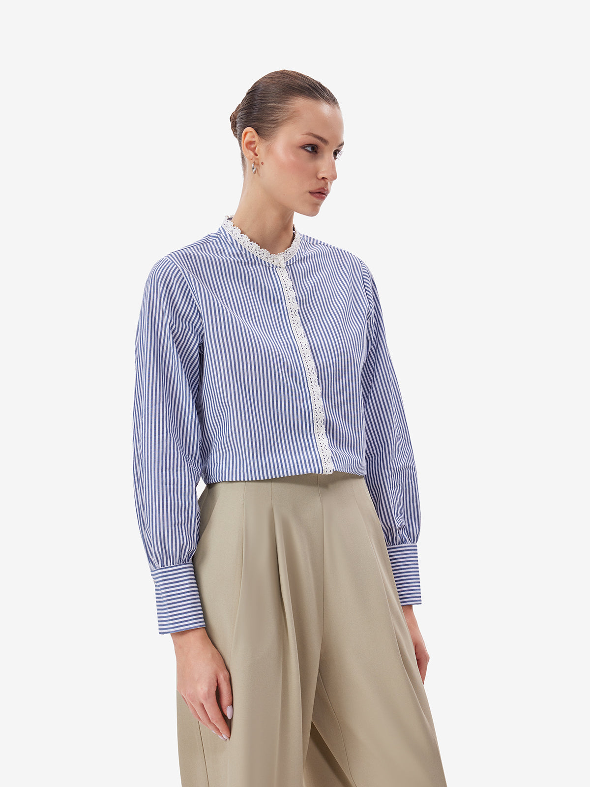 Blue Striped Shirt with Lace Details