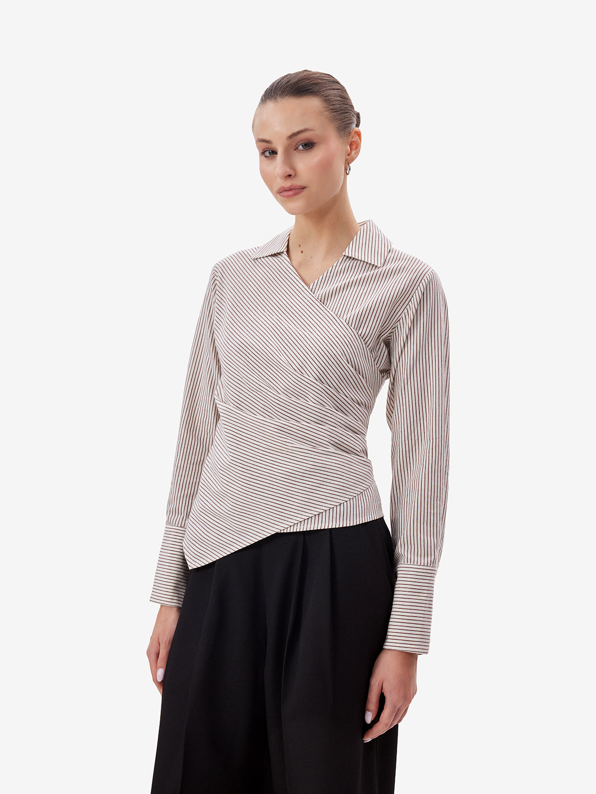 White Brown Striped Wrap Shirt