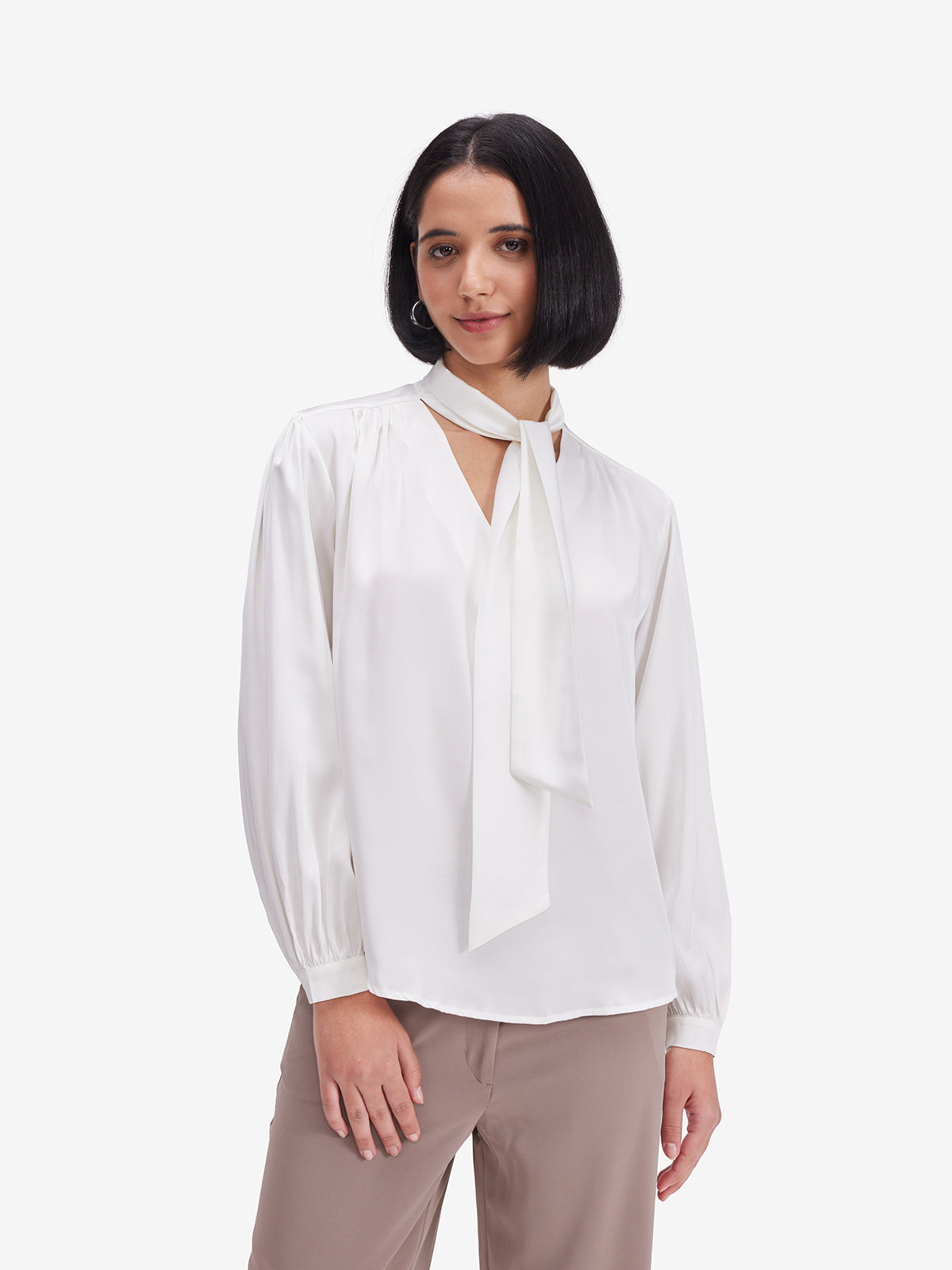Luxe White Tie-Up Neck Satin Top