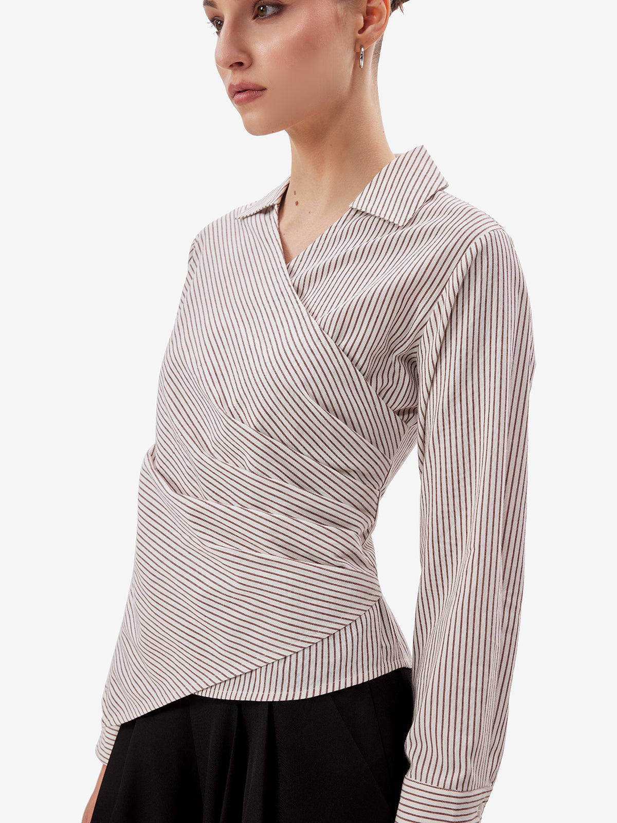 White Brown Striped Wrap Shirt
