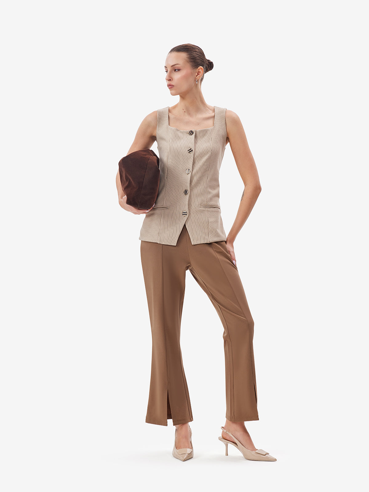 Khaki Flared Trousers with Front Slit