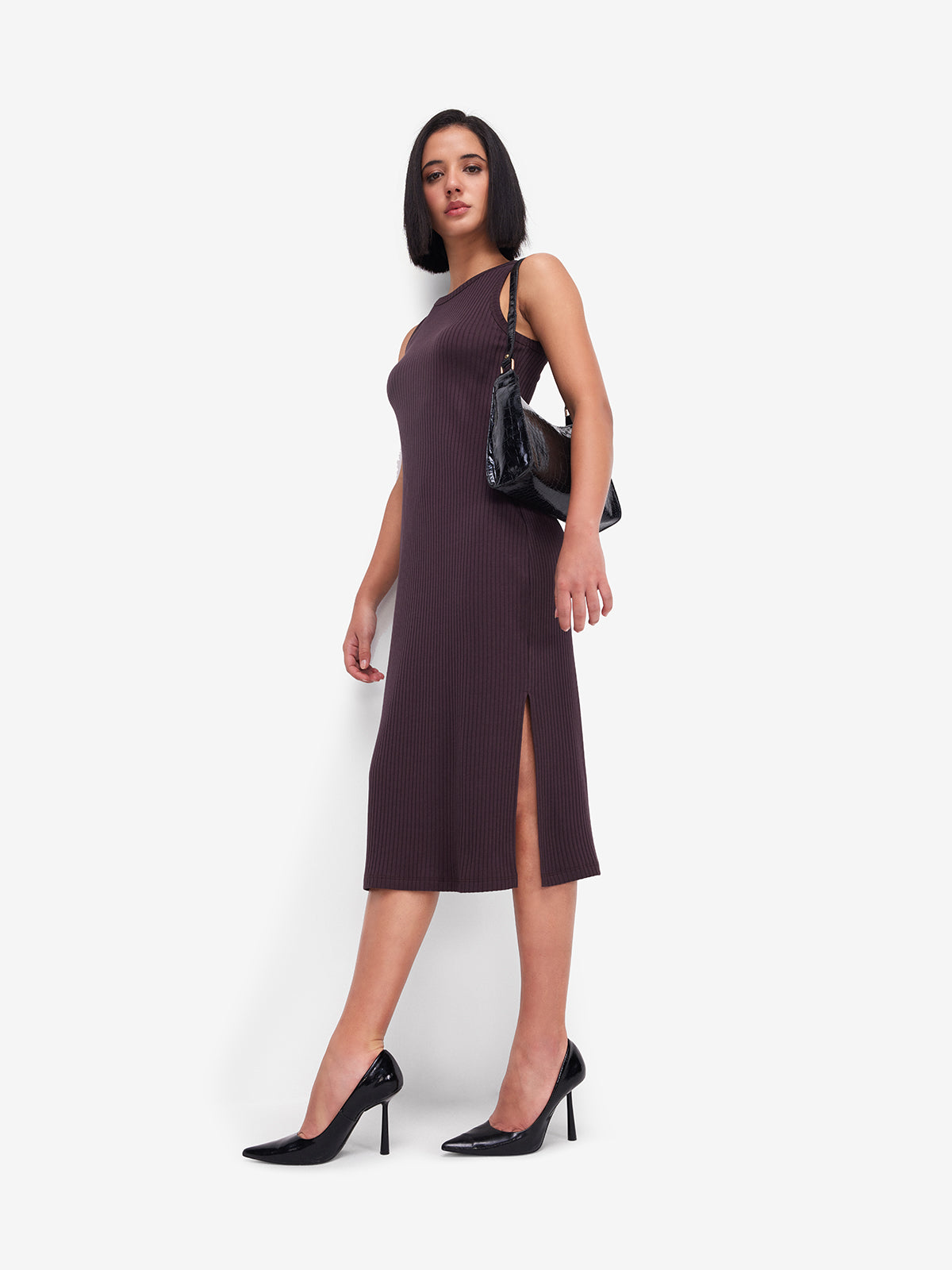 Brown Side Slit Midi Dress