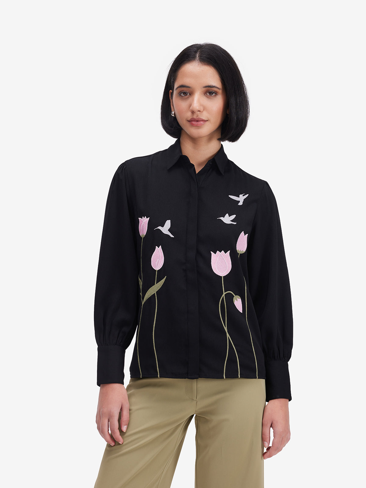 Luxe Black Floral Embroidered Shirt