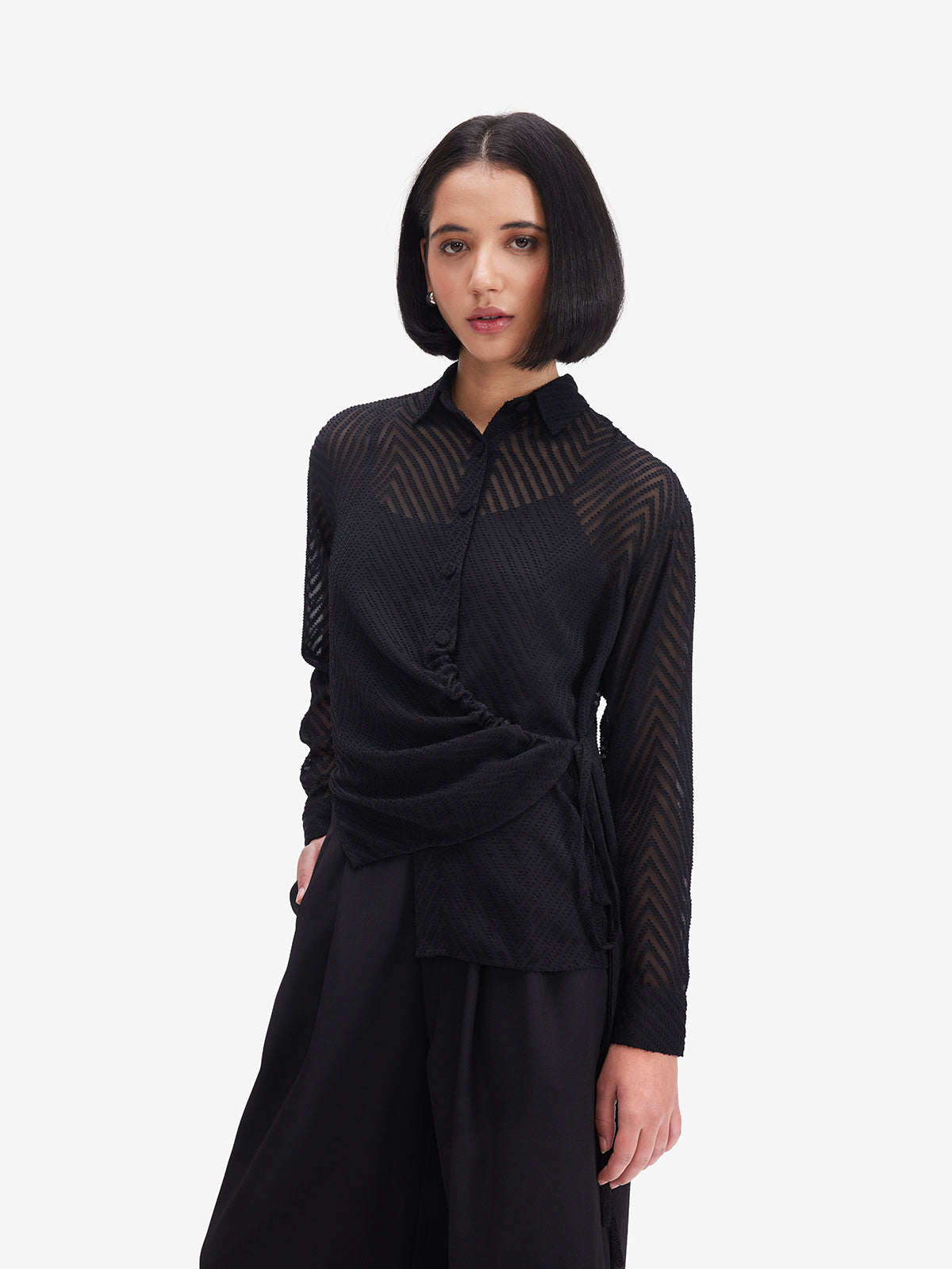 Black Sheer Shirt with Side Knot Detail