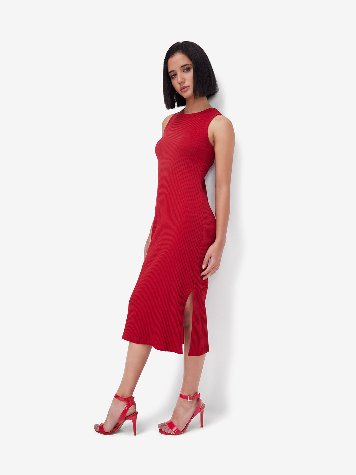 Red Side Slit Midi Dress