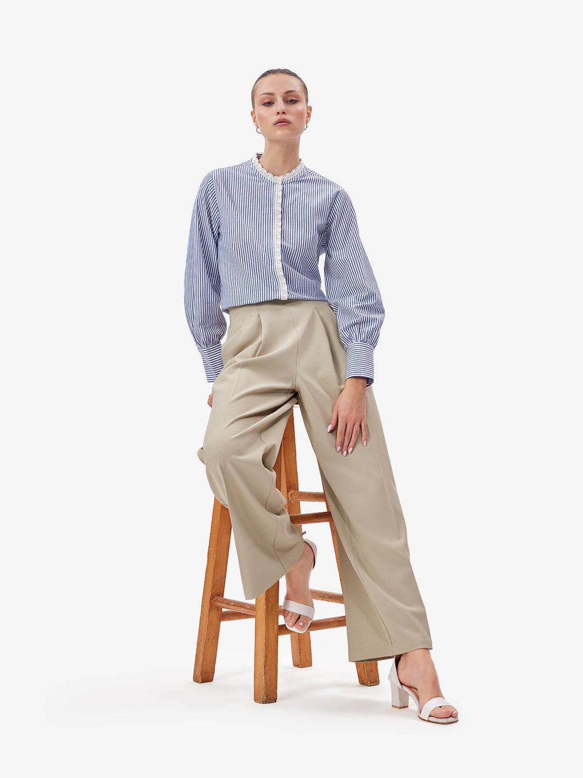 Blue Striped Shirt with Lace Details