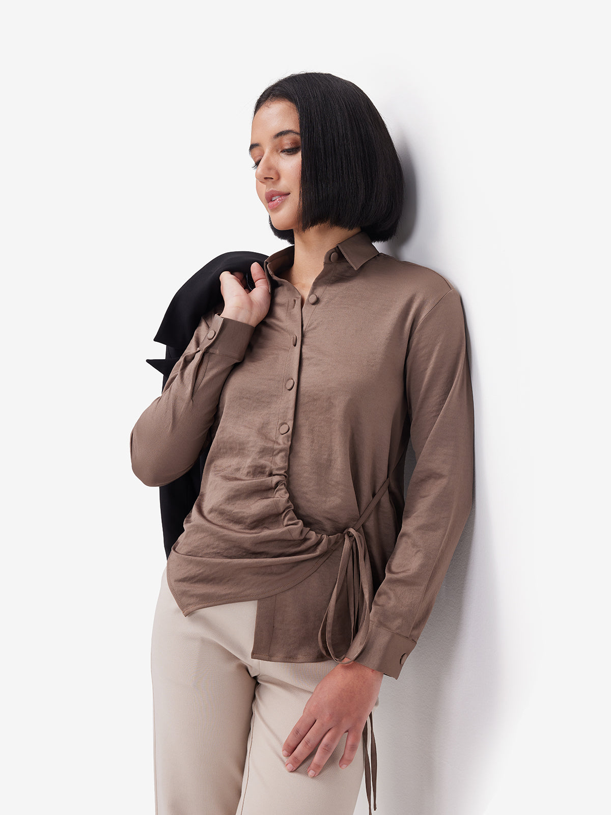 Brown Side Knot Detail Styling Shirt