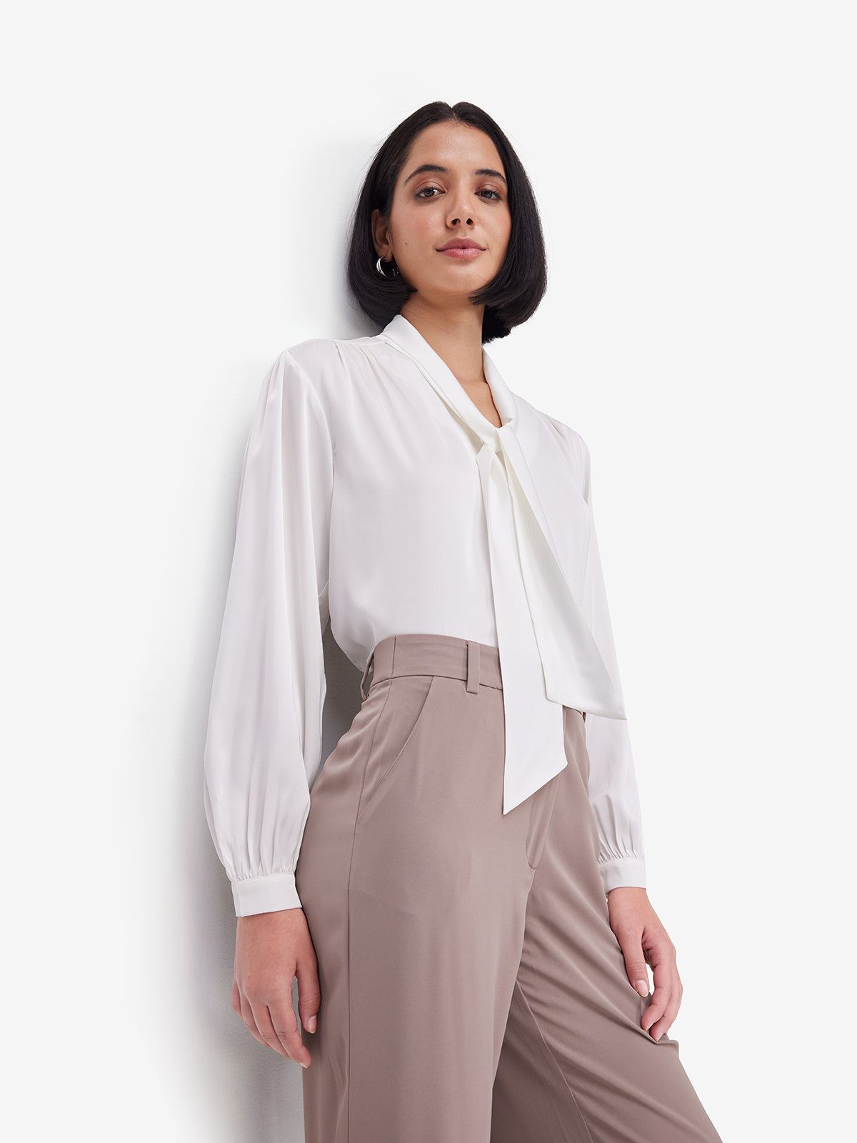 Luxe White Tie-Up Neck Satin Top