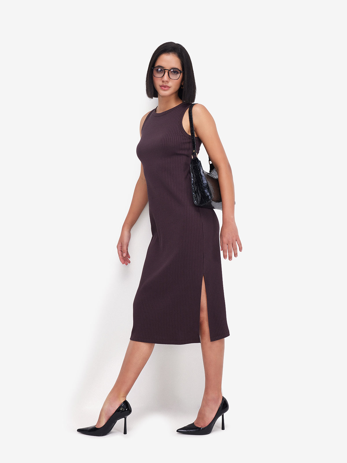 Brown Side Slit Midi Dress