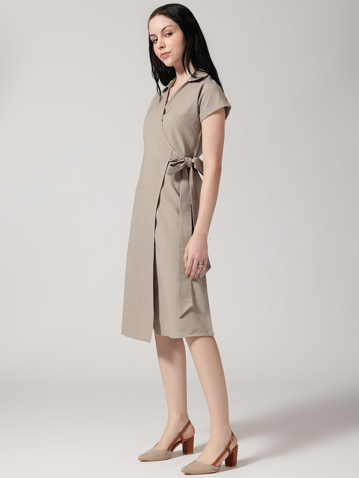 Brown Solid Wrap Dress
