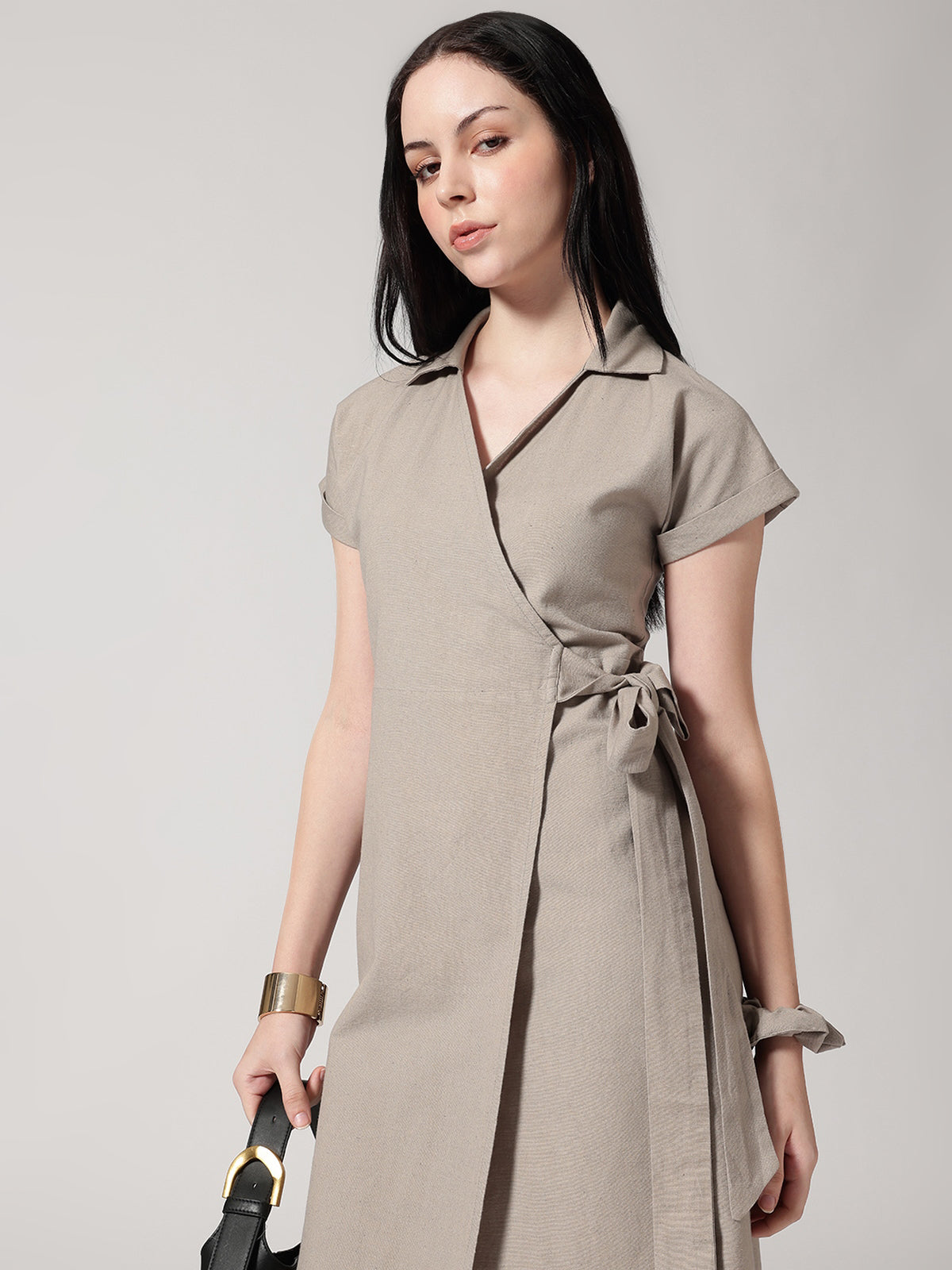 Brown Solid Wrap Dress