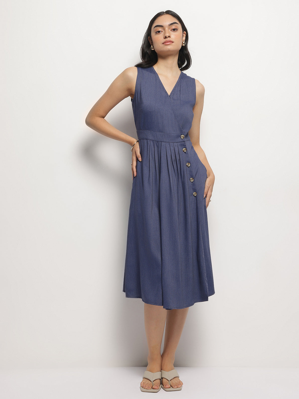 V-Neck Indigo Wrap Dress