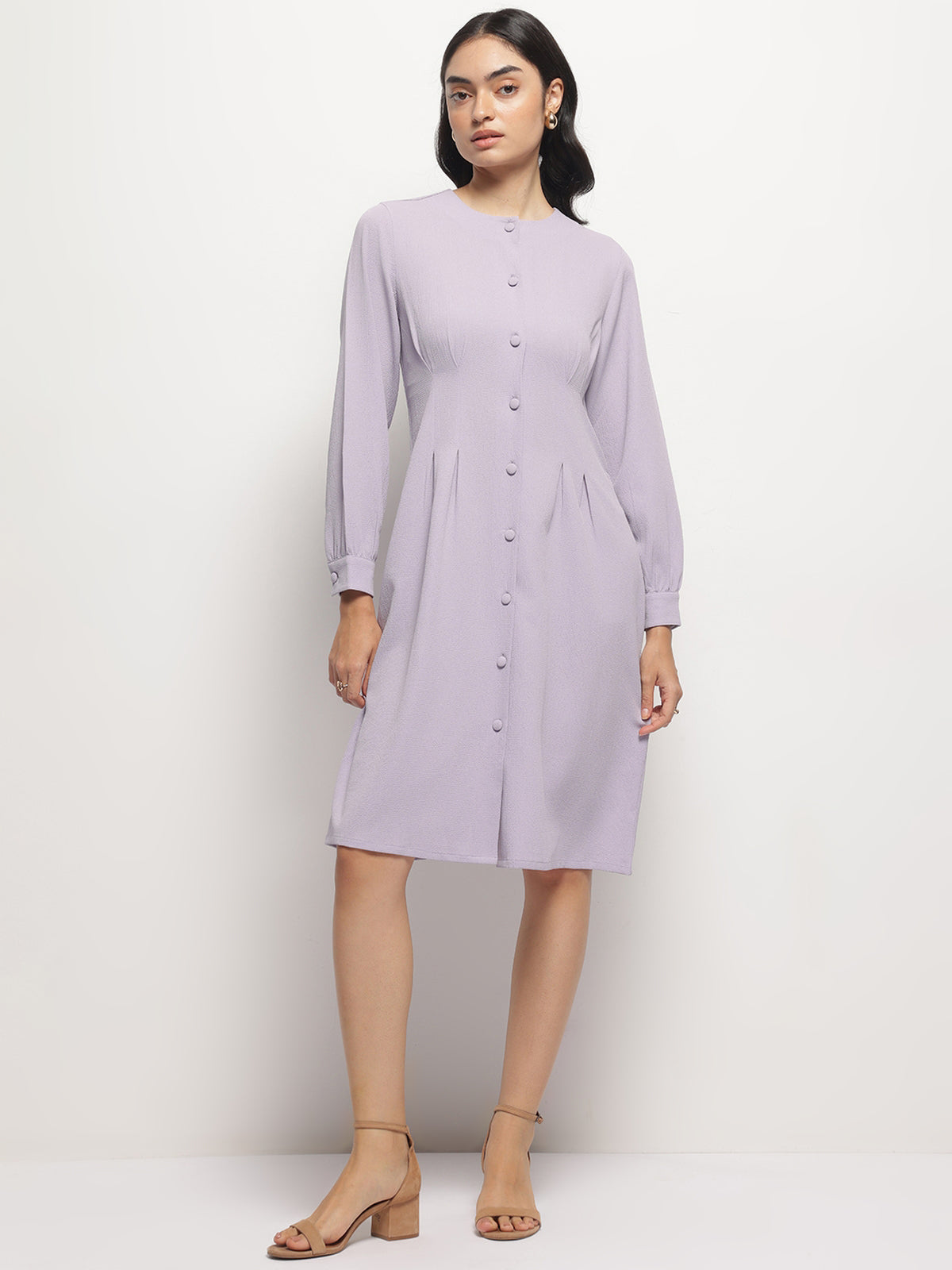 Mauve Vintage A-line Buttons O-Neck Dress
